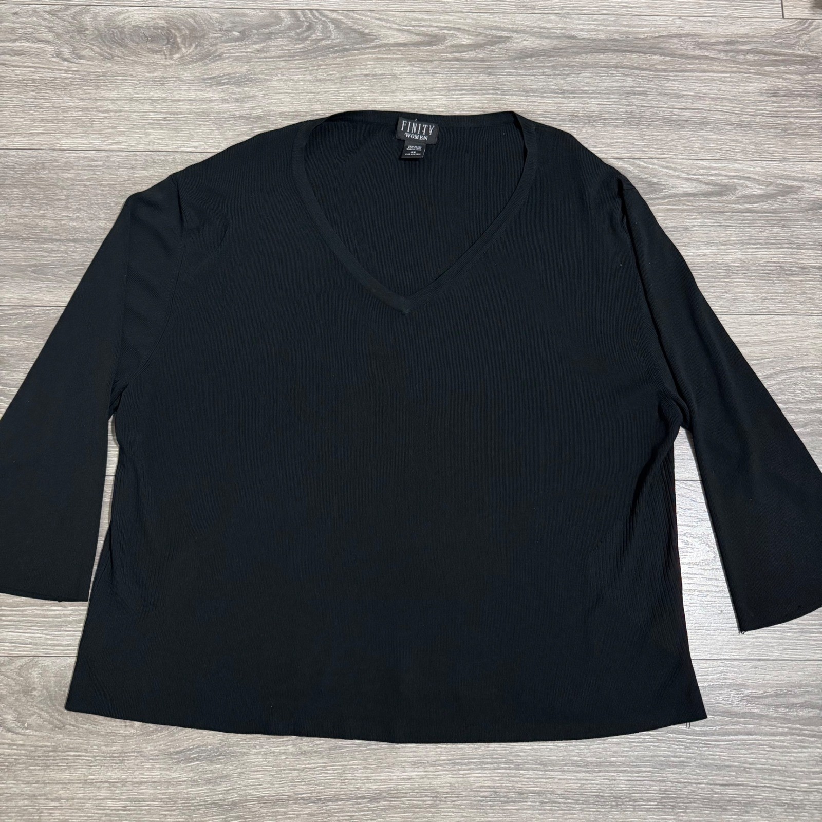 FINITY WOMEN Black Ribbed V Neck Long Sleeve Stretchy Top Plus Size 3X