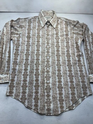 Vintage Van Heusen Vanknit Shirt Mens 15.5 34 Brown Geometric Long Sleeve 70s - Image 1 of 4