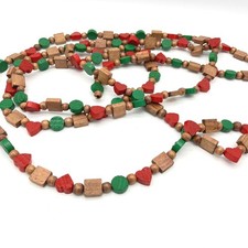 Vintage Christmas Wood Bead Garland Red Green Natural Wood Beads 9'