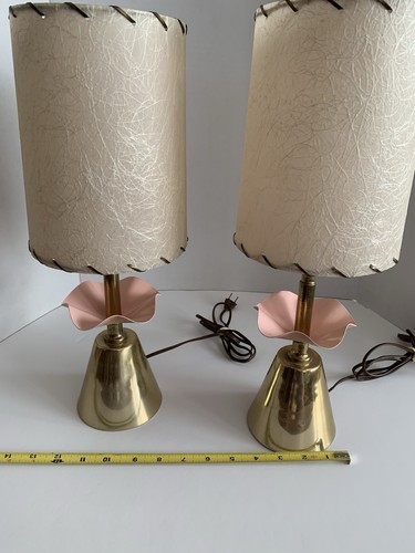 Vintage MCM Leviton Pair Table Lamps Tulip Base 16.5” W/Original Shades Working - Picture 6 of 16