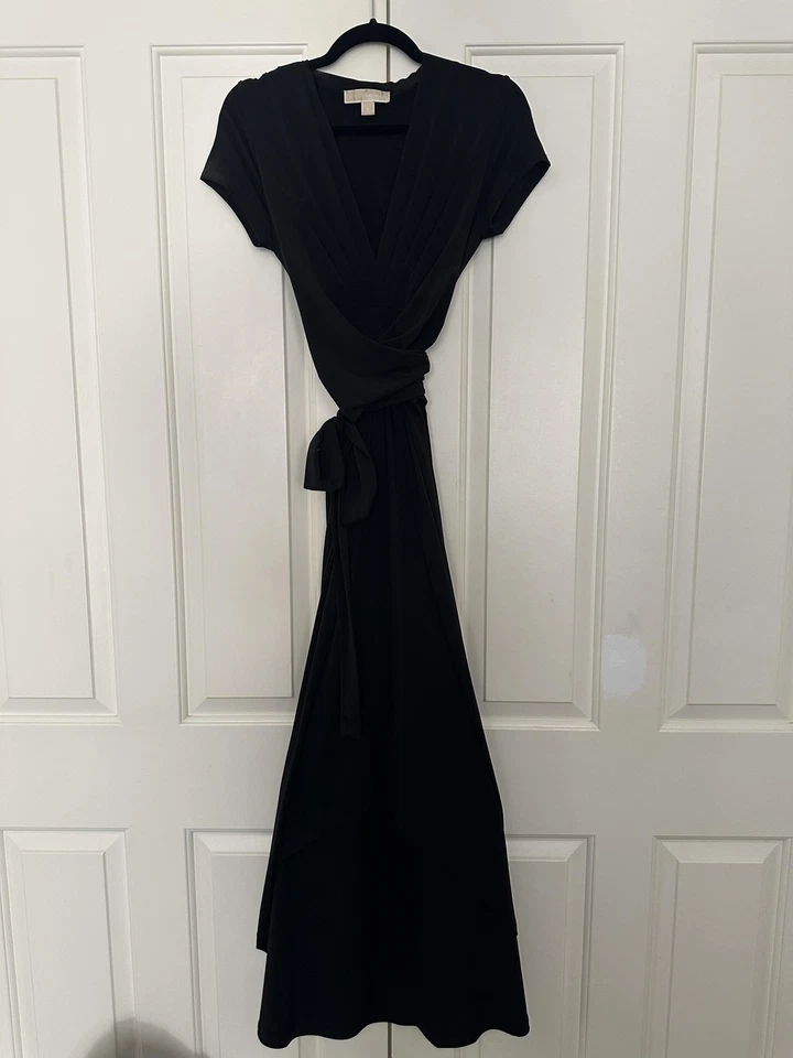 Vestido Michael Michael Kors Mujer 8 Negro Envolvente Maxi Manga Corta Corbata Cintura Tejido Foto 2 de 4