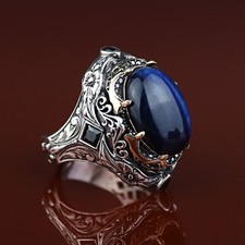 925 Handmade Men Blue Tiger Eye Ring Engraved Large Blue Tiger Eye Ring