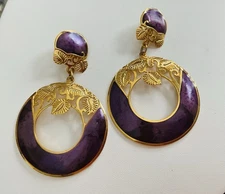 Vintage Edgar Berebi 2” PURPLE Enamel Gold Tone Cutout Pair Clips Unworn