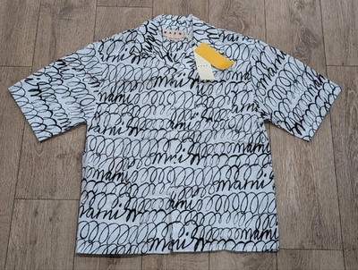 $695 Mens MARNI Scribble SS Cotton Button Up Shirt White/Black 48 US 38