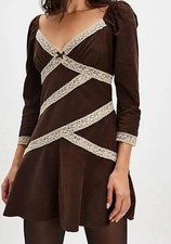NWOT Free People Corduroy Mini Dress Chocolate Brown Size M Lace Sweetheart Neck