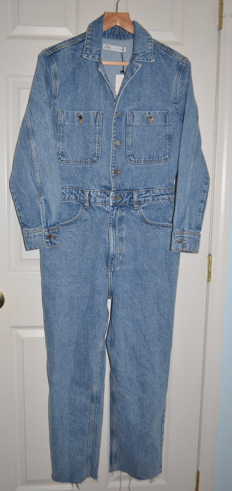 Zara Jumpsuit NWT L Large Denim Long Sleeve Collared Button Front Coveralls-image