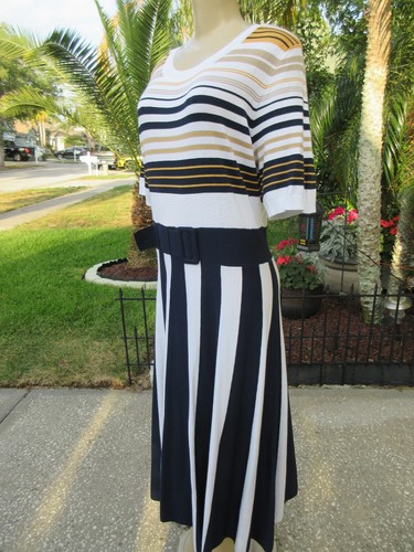 Ashley Stewart Size 14/16 Striped Knit Midi Dress Belted Short Sleeve Navy Gold - Picture 5 of 11