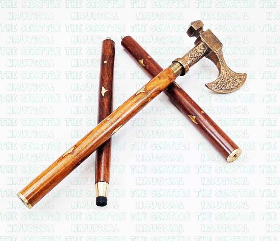 Solid Brass Antique Viking Axe head Handle Wooden… - image 10