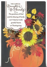 NEW THANKSGIVING Card 5.5x8 For a Special Daughter & Family Pumpkin Sunflowers