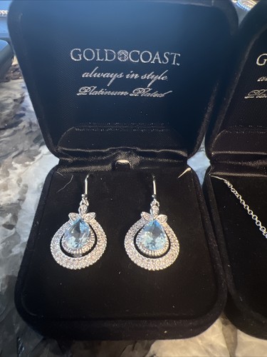 Gold Coast Platinum Plated Light Blue Topaz Gem Earrings & Bracelet Set New - Picture 2 of 10