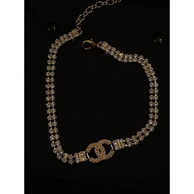 Authentic vintage Chanel necklace chain choker rhinestone logo