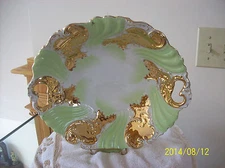 Mint Green & Gold Double Handled Antique Large Serving Bowl