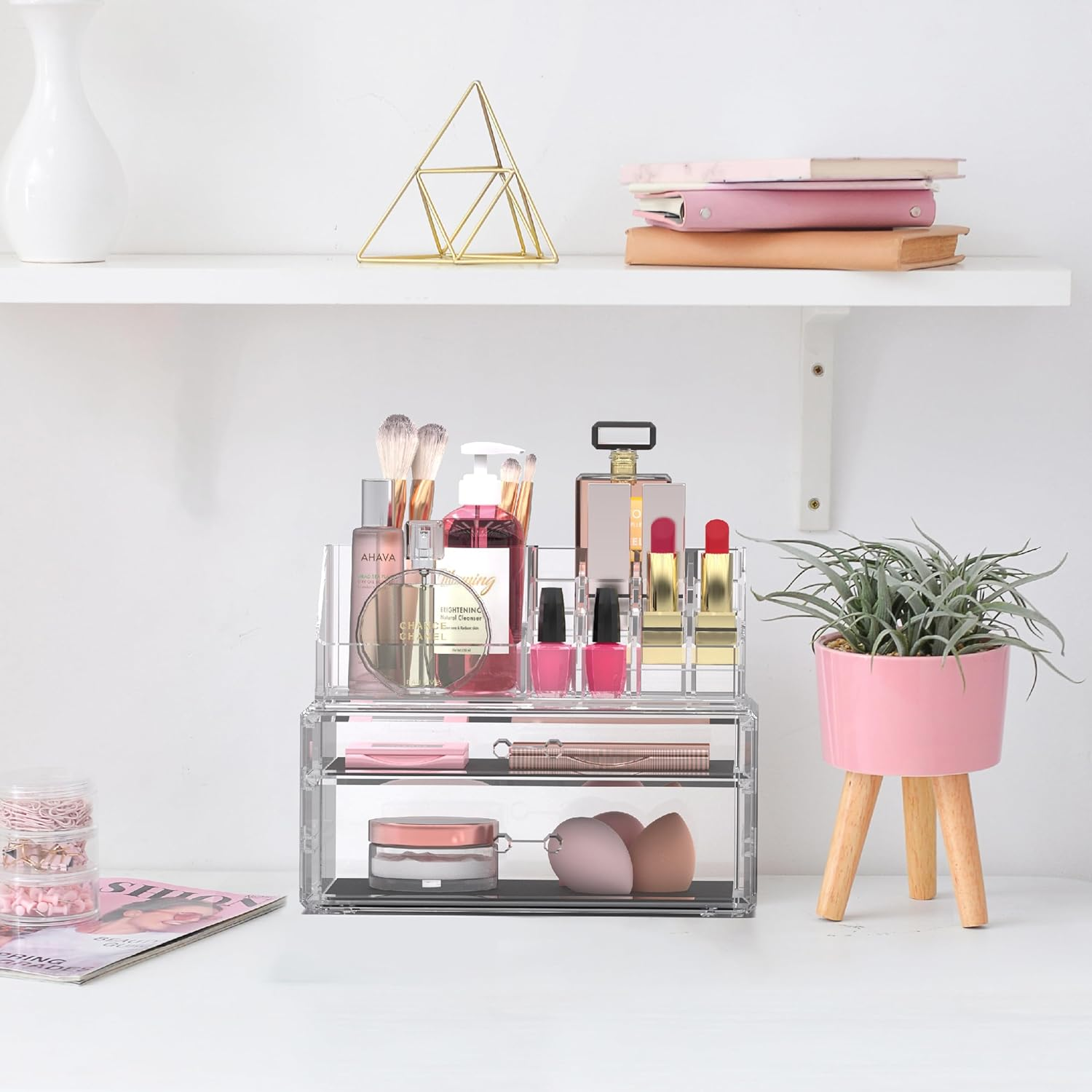 Clear Acrylic Makeup Organizer with 2 Drawers and Removable of Top