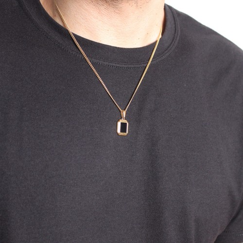 Gold Onyx Pendant Chain Necklace Stainless Steel Black Gemstone Pendant - Picture 4 of 7
