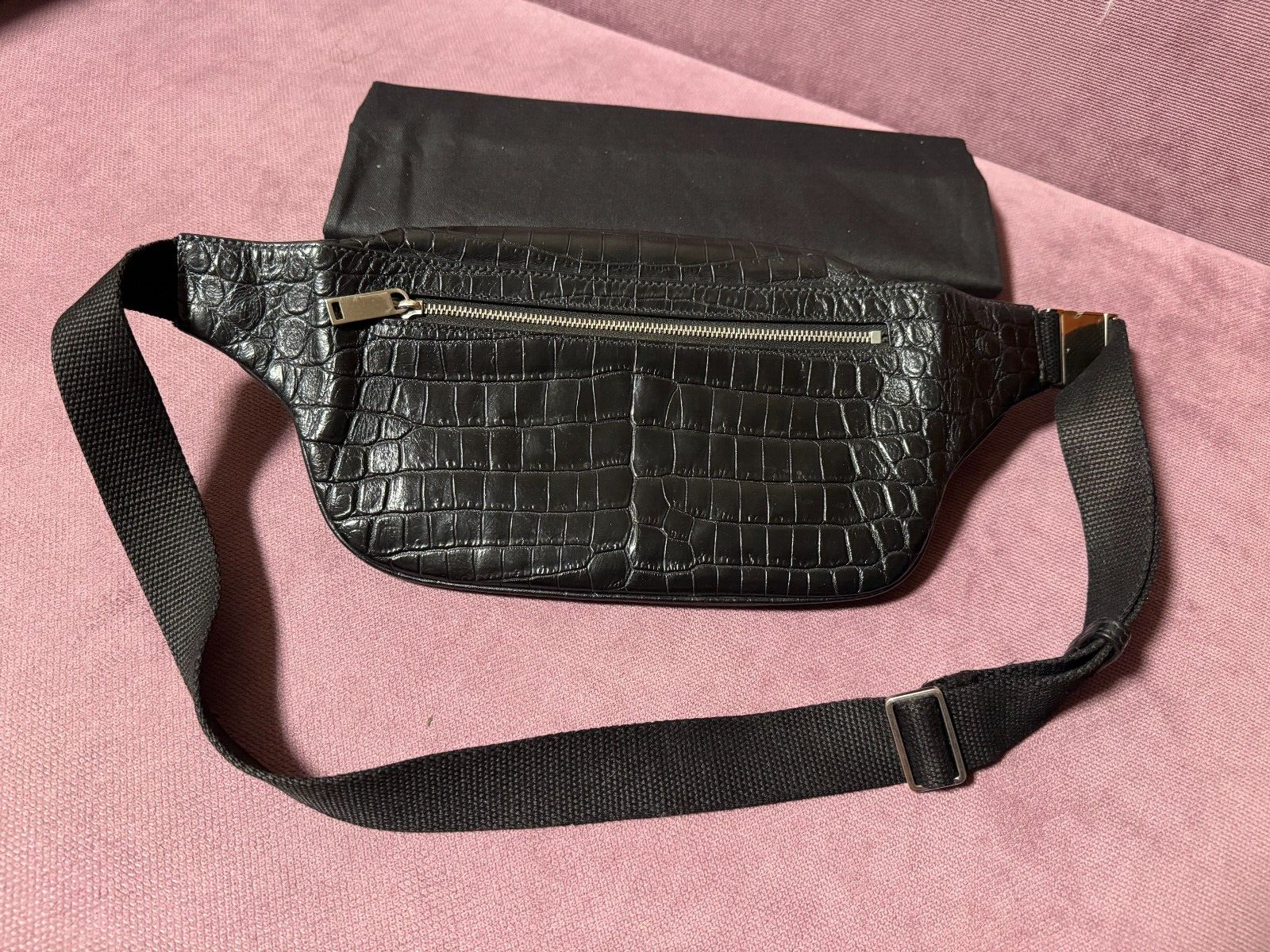 YVES SAINT LAURENT Borsa Cintura Nera Croc Pelle Goffrata Marsupio YSL Uomo Donna