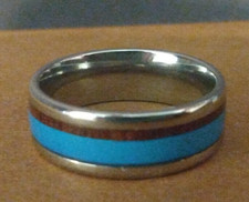 Men's Unisex artificial Wood Blue Inlay Wedding Ring sz 11.5 Stainless Steel