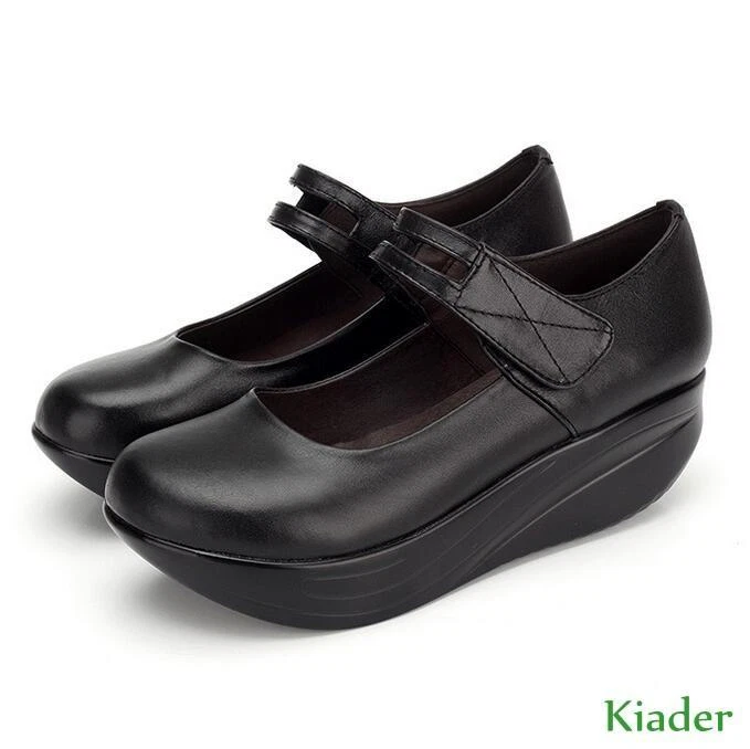 new Womens Black Leather Pumps Shoes Nurse Shoes Round Toe Wedge Heels Mary Jane - Image 3 of 4