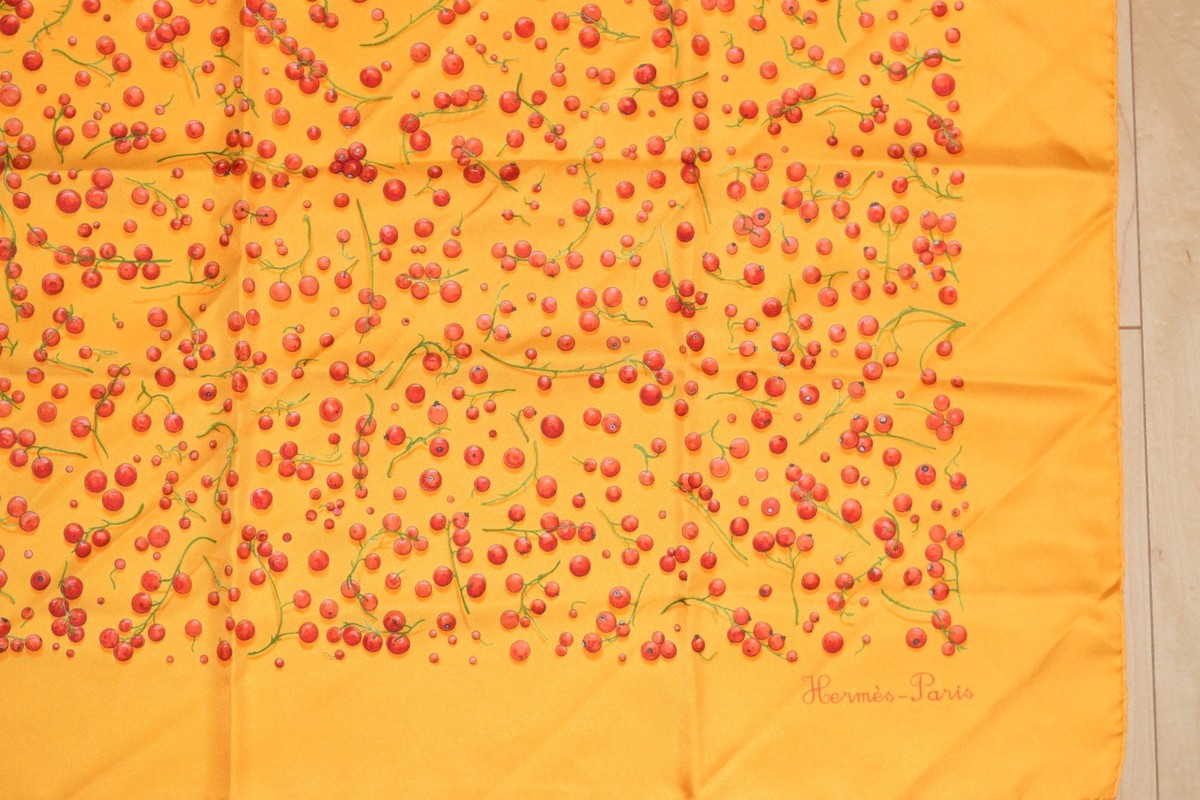 Hermes Scarf Red Berries by Leigh P Cooke Silk 90 cm Orange