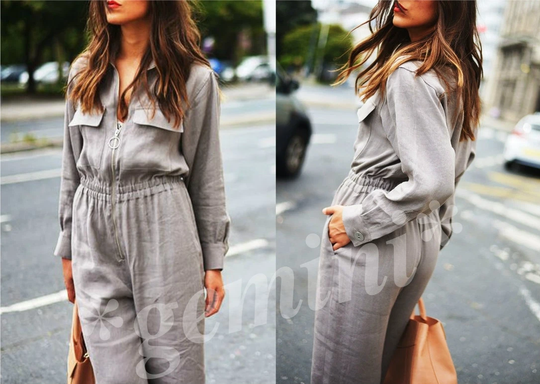 ZARA Studio Lino Cargo Mono Gris Lino Cremallera Front Mono Talla S M 2617 735