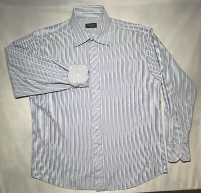 Ted Baker London Mens Striped Blue Dress Shirt Flip Cuffs Long Sleeve
