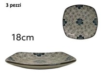 x Set 3 Pezzi Piatto Quadrato 18cm Ceramica Orientale Fiori Blu bal