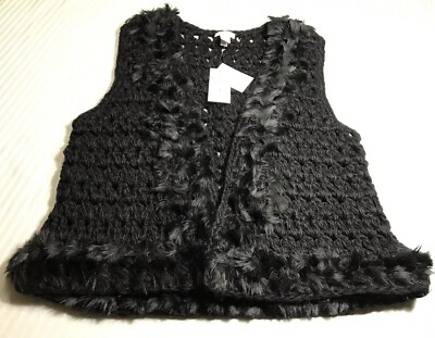 Chico’s BLACK FAUX FUR TRIMMED CROCHET DRESSY CLASSIC SWEATER VEST NWT SIZE  S