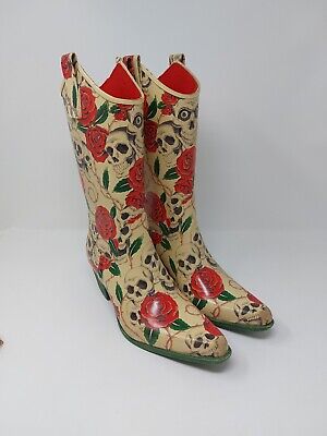 Nomad Yippy Western Rain Boots Skulls and Roses Rubber Nomad Yippy Western Rain Boots Skulls and Roses Rubber