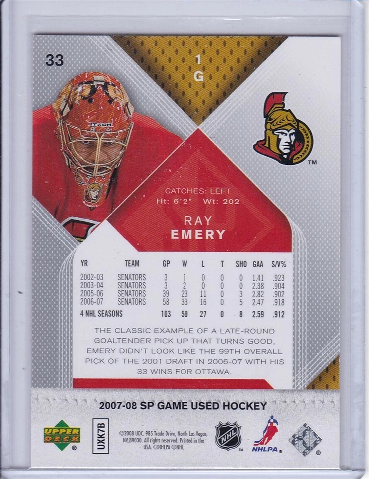 Ray Emery 2007 SP Game Used Hockey Card 33 - Image 2 of 2