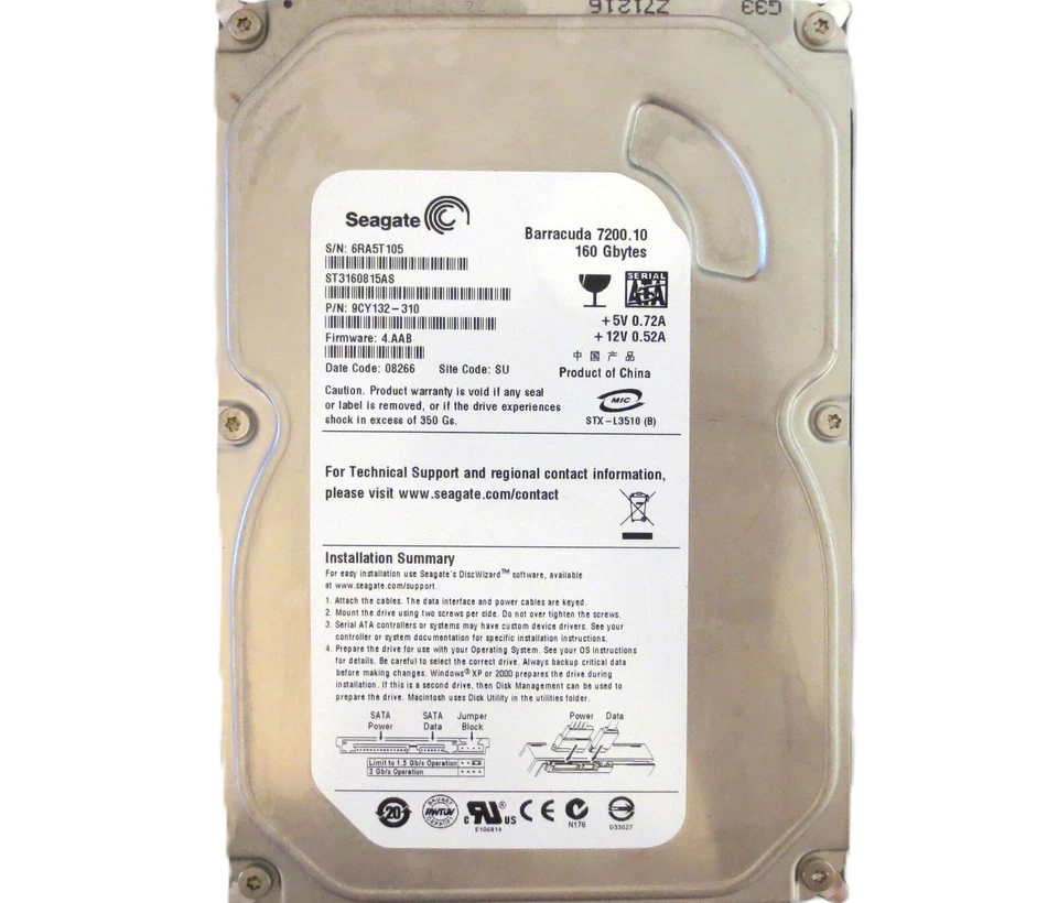 Seagate ST3160815AS 9CY132-310 4.AAB SU (6RA) China 160gb 3.5" Sata HDD 01/2008 - Image 2 of 2