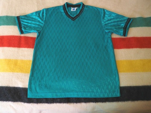 VTG 80s 90s High 5 Shiny Teal Blue V-Neck Soccer Football Retro Jersey M EUC