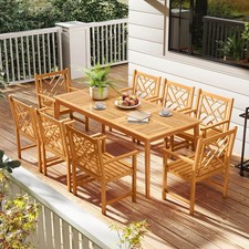 9PCS Patio Dining Table Set w/8 Chairs Slatted Tabletop 1.96" Umbrella Hole