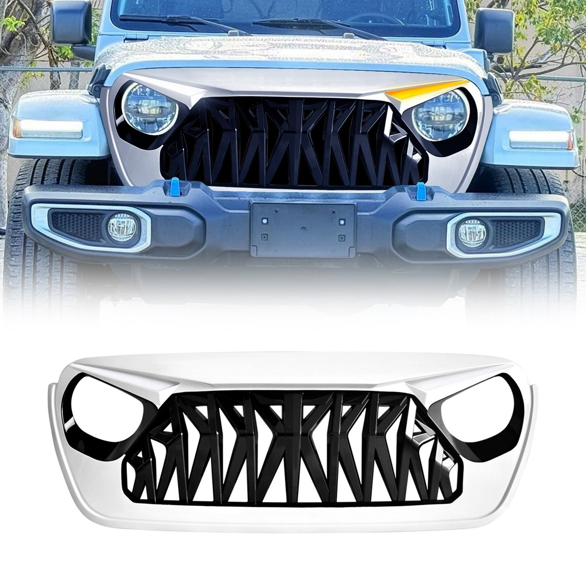 【Angel R】AR25341 White & Black Front Shark Grille w/Eyebrow DRL for 18-23 Jeep