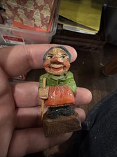 Vintage Carved Painted Wood Smiling Old Woman in pink & Blue Dress estate sale 