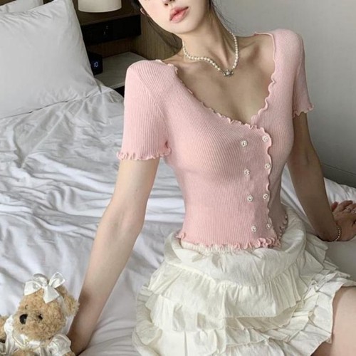 Elegant and Fashionable V-neck Short Sleeve Knitted Blouses with Double Buttons - Picture 4 of 13
