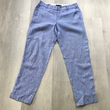 Talbots 100% Linen Pants 4 Blue Flat Front Slim Ankle Curvy Fit Loops Pockets