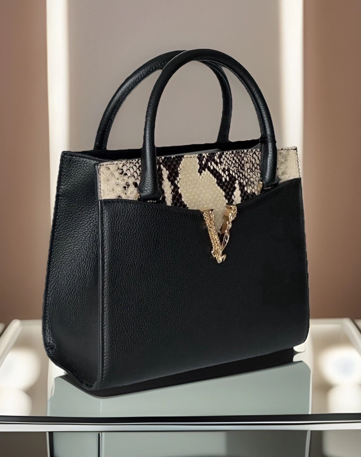 Versace Virtus Calf Leather Small Black Top Handle Bag 1005960 IT NWT $1825