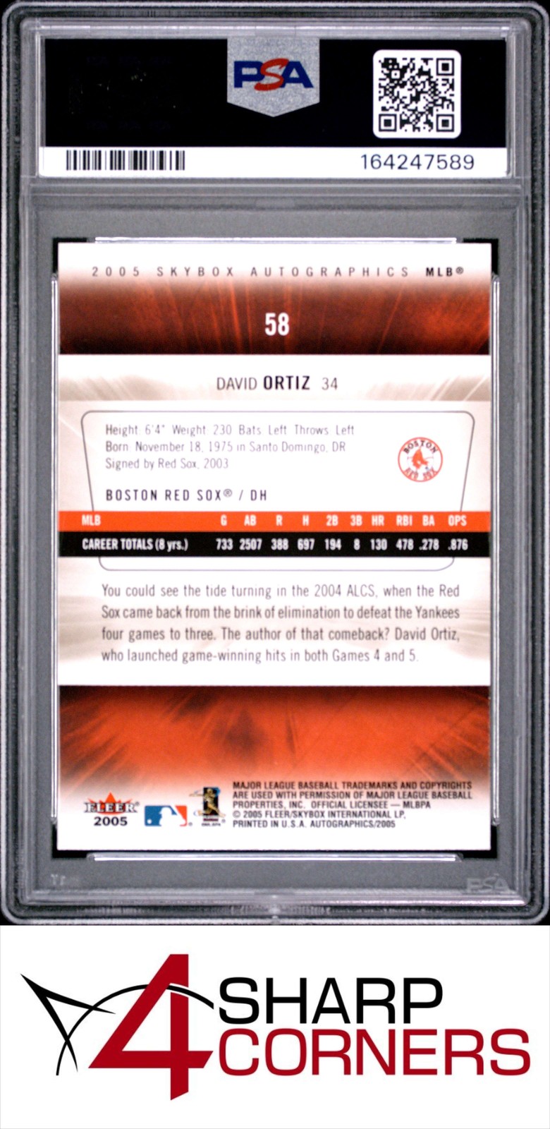 2005 SKYBOX AUTOGRAPHICS #58 DAVID ORTIZ HOF POP 6 PSA 10 view 2