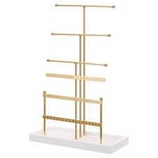 6 Tier Metal Necklace Display Organizer Earring Tower with Wood Tray Gold