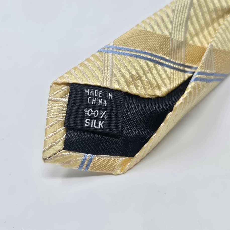 Mens Silk Necktie Yellow Plaid Check Blue Tan Textured Woven Formal Business Tie image 4