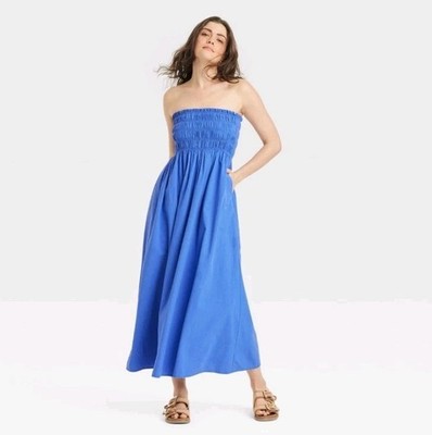 Universal Thread Women's Strapless Ruched Maxi Dress Blue Small Linen Beach 