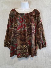 GUC Chaps Blouse Womens 2X Red Brown Paisley 70s Retro Bohemian Festival Casual