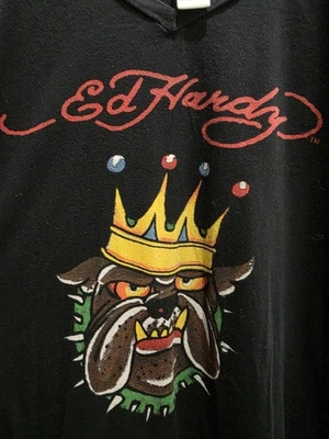 2XL Ed Hardy Men's T-shirt Bulldog With Crown XXL Black V-Neck Y2K Vintage - Image 1 of 4