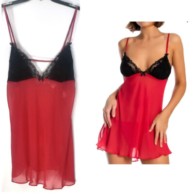 2 pc Linea Donatella Lace-Trimmed Babydoll & G-String Crimson Sz XL New