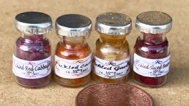 Set Of 4 Mixed Pickle Jars Tumdee 1:12 Scale Dolls House Miniature Kitchen 1