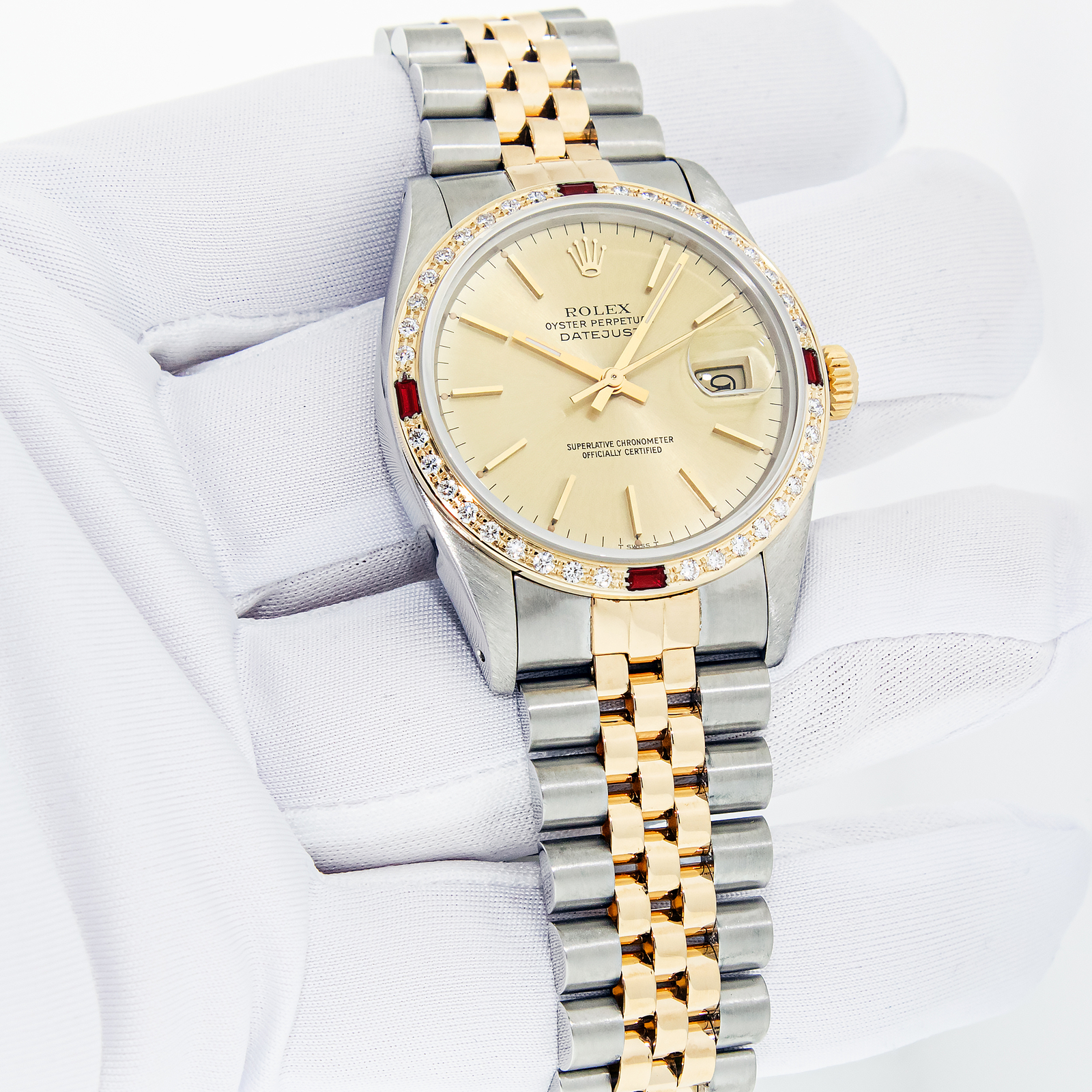 Rolex Mens Datejust Steel and 18K Gold Champagne Dial Diamond Ruby Bezel Watch image 3