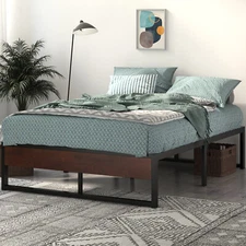 14'' Queen Size Metal Platform Bed Frame with Rustic Wood & Reverse Holes
