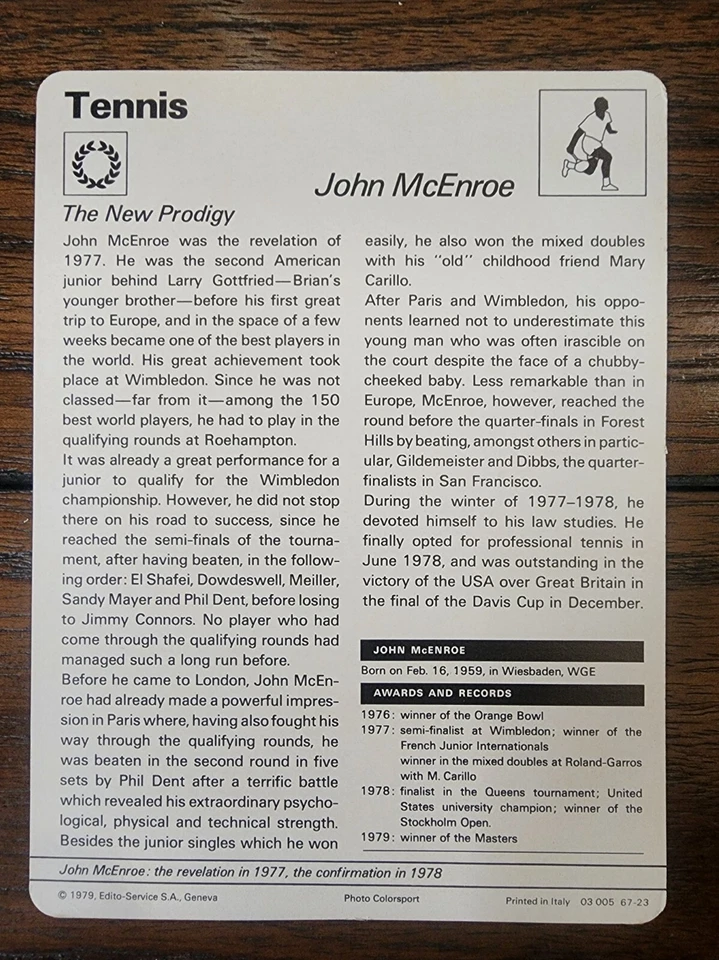 Sportscaster 1977 1978 1979 John McEnroe Masters Wimbledon París #67-23 Foto 2 de 2