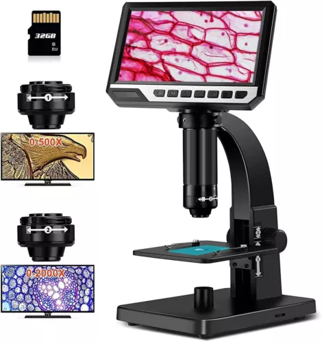 Microscopio digitale 7" HD 2000x con fotocamera 12MP e luce LED - per elettronica/bio - Foto 1 di 9