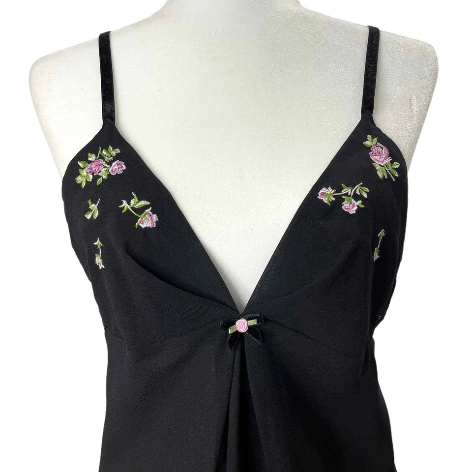 Oscar de La Renta Rosa Etiqueta Encaje Bordado Bata Chemise Set Talla S/M Negro Foto 3 de 4