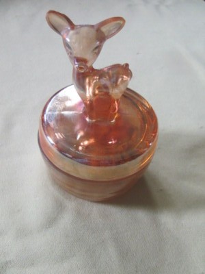 Vintage deer carnival glass powder dish marigold color Jeanette Glass 6'' tall